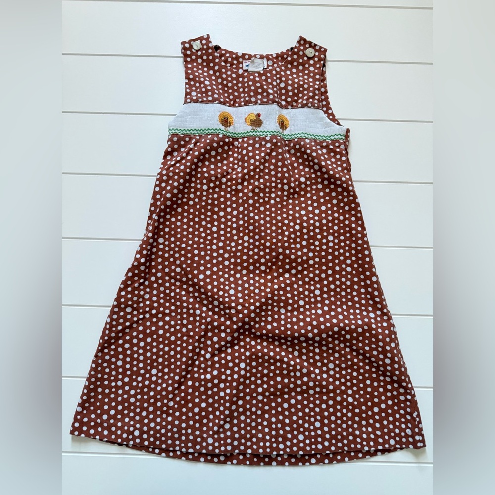 Turkey Print Brown Polka Dot Kids Smock Dress
